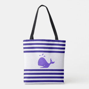 Tote Bag Baleine sur fond rayé bleu et blanc