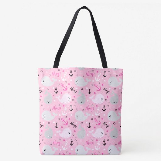 Tote Bag Baleines roses Ancres Nautique Girly Ocean Motif