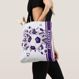 Tote Bag Ballons de foot violets étoiles son nom rayures de