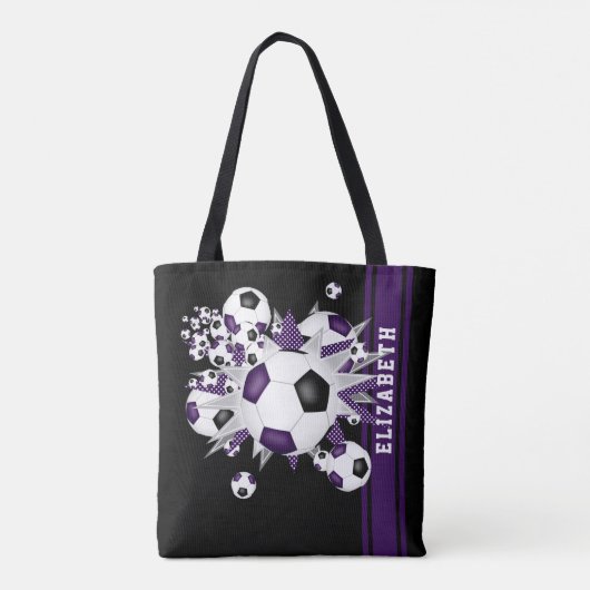 Tote Bag Ballons de football noir violet étoiles nom du fan (Dos)
