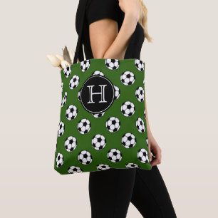 Tote Bag Ballons de football noirs et blancs sur monogramme