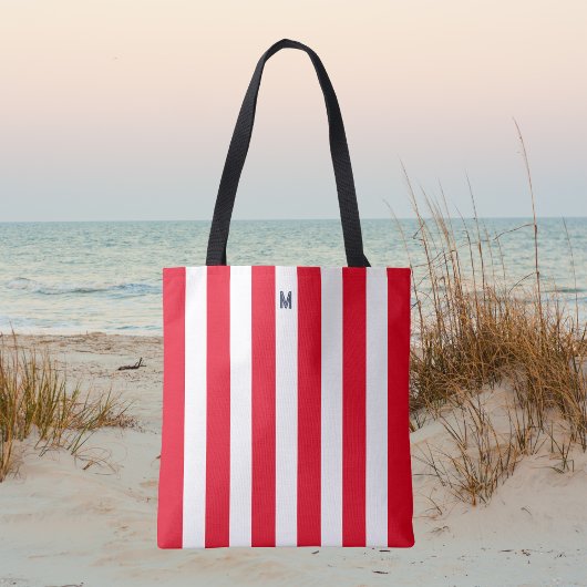 Tote Bag Bande de cabane rouge et monogramme de marine pers