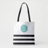 Tote Bag Bande de monogramme noire et aquatique (Devant)