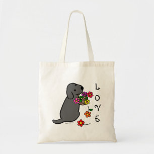 Tote Bag Bande dessinée noire de panier de fleur de chiot