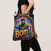 Tote Bag Bande dessinée rétro explosion super-héros musclé. (De près)