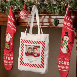 Tote Bag "Bande rouge avec photo Joyeux Noël et nom