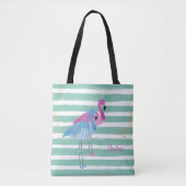 Tote Bag Bande Turquoise Monogramme de deux Flamants roses (Devant)