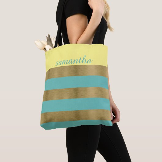 Tote Bag Bandes d'or et Turquoises (De près)