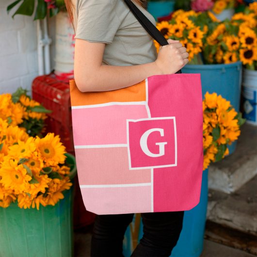 Tote Bag Bandes en rose, blanc et orange avec Monogramme