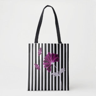Tote Bag Bandes noires et blanches Aquarelle à fleurs Xray