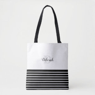 Tote Bag bandes noires et blanches et monogramme