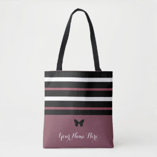Tote Bag Bandes noires et blanches marron avec Papillon #1