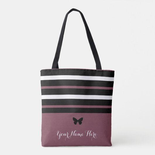 Tote Bag Bandes noires et blanches marron avec Papillon #1 (Dos)
