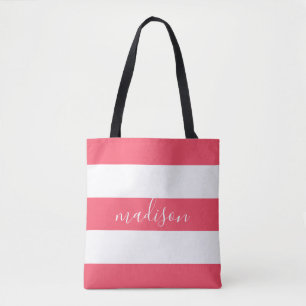 Tote Bag Bandes roses et blanches avec typographie de nom