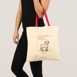 Tote Bag Baptême de petite-fille Rose Fille Agneau Nom et D