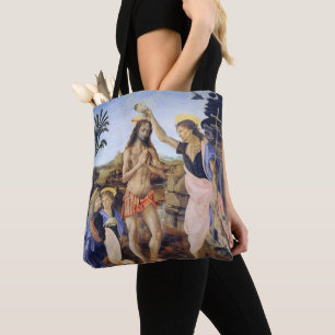 Tote Bag Baptême du Christ par Verrocchio, Léonard de Vinci