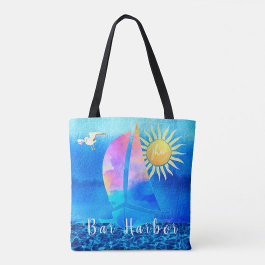 Tote Bag Bar Harbour Maine Aquarelle Voilier avec Initiales (Dos)