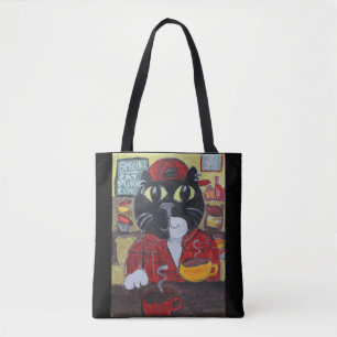 Tote Bag Barista Cat Folk Art Caractère Café Fun