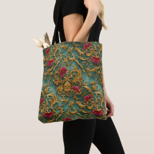 Tote Bag Baroque Floral Émeraude avec Ornements Dorés