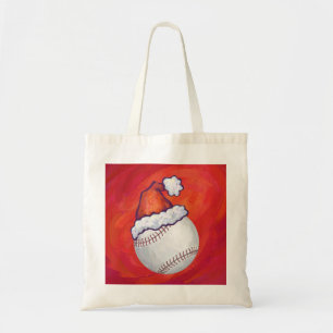 Tote Bag Baseball avec chapeau de Père Noël sur fond rouge