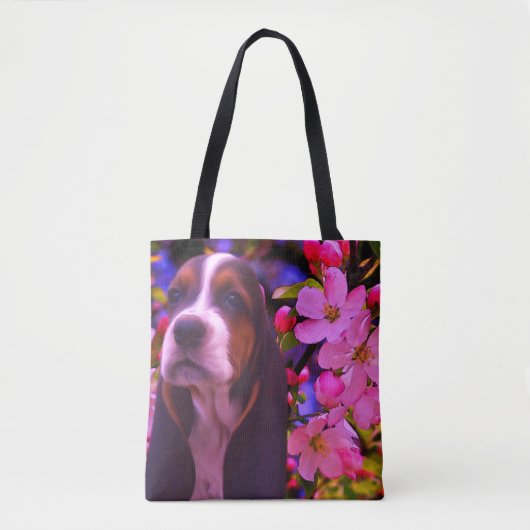 Tote Bag Basset Hound Chiot Blooms Chien Art (Devant)