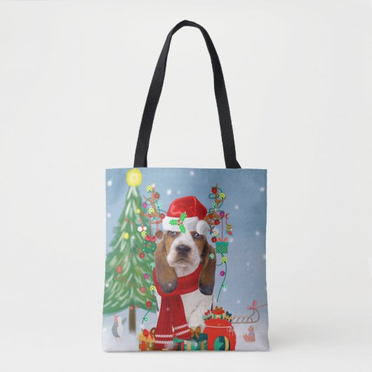 Tote Bag Basset Hound Dog en neige avec cadeaux de Noël (Devant)