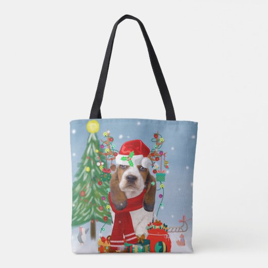 Tote Bag Basset Hound Dog en neige avec cadeaux de Noël (Dos)
