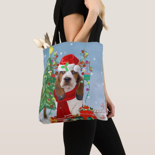 Tote Bag Basset Hound Dog en neige avec cadeaux de Noël (De près)