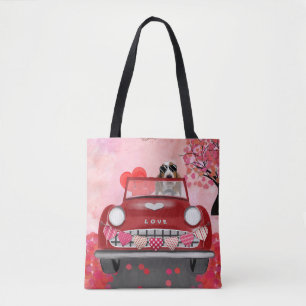 Tote Bag Basset Hound voiture avec les coeurs Valentine's