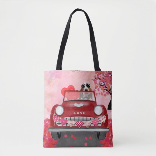 Tote Bag Basset Hound voiture avec les coeurs Valentine's (Devant)