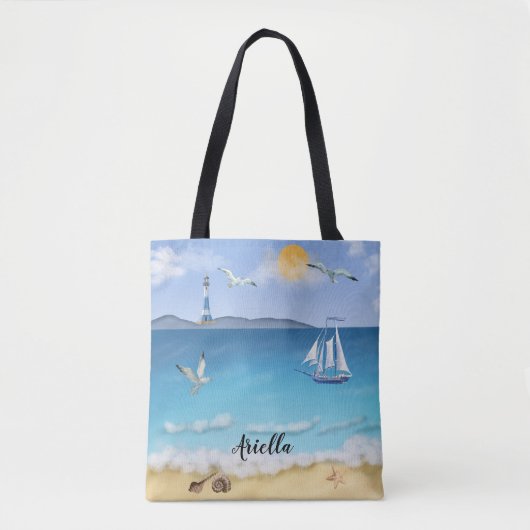 Tote Bag Beach Scene Bateau Voilier Seagulls Phare (Devant)