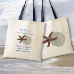 Tote Bag Beach Wedding Sand Dollar Starfish Bienvenue<br><div class="desc">Sacs de bienvenue mariages avec étoiles de mer et de sable design. Customisez avec votre choix de texte pour une plage / tropical / ou mariage d'été. Exemple de libellé : "Bienvenue à notre mariage dans (emplacement)" avec les noms, la date et "merci d'être ici". Les couleurs sont marron (étoile...</div>