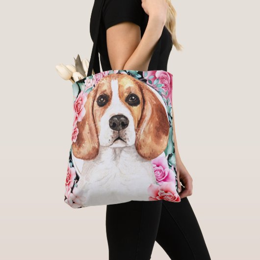 Tote Bag Beagle de l'aquarelle de chien face rose de couron (De près)