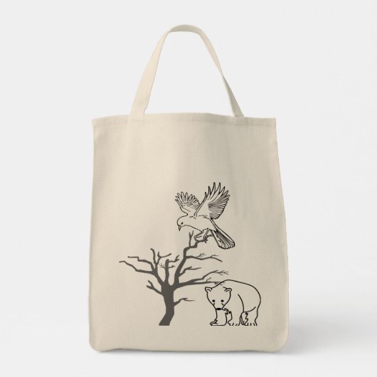 Tote Bag Bear, Bird, and Bare Tree Nature Scene (Dos)
