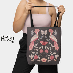 Tote Bag Beau art populaire rose paon fleuri