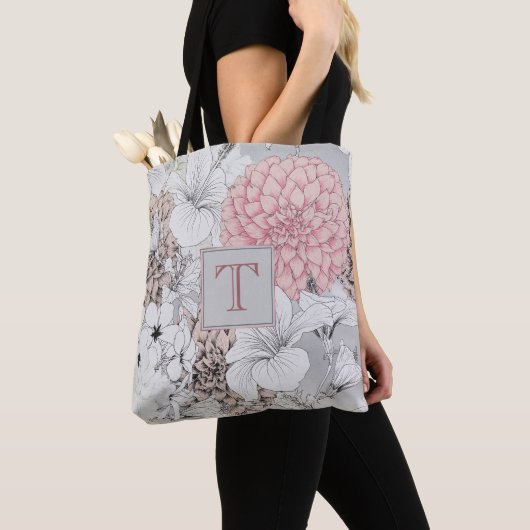 Tote Bag Beau Boho Fleurs Modernes Monogramme (De près)