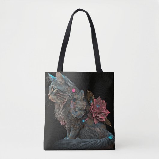 Tote Bag Beau chat steampunk avec fleurs roses (Devant)