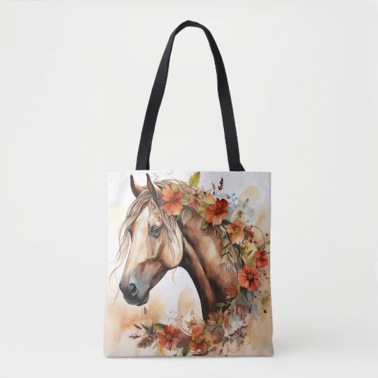 Tote Bag Beau Cheval aux jolies fleurs Aquarelle (Devant)