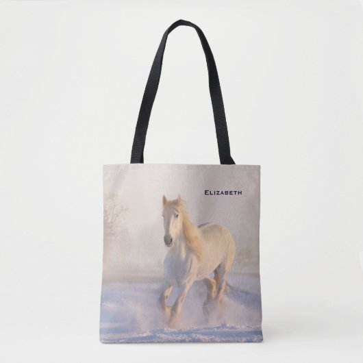 Tote Bag Beau Cheval Blanc Galloping dans la neige (Devant)