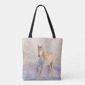 Tote Bag Beau Cheval Blanc Galloping dans la neige (Dos)