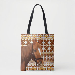 Tote Bag Beau cheval Brown sur Motif géométrique Earthy
