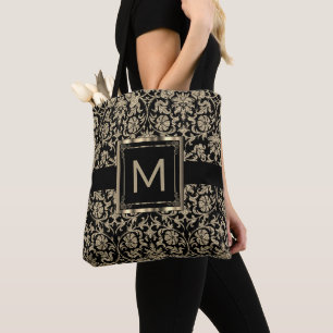 Tote Bag Beau Damas floraux noir et or