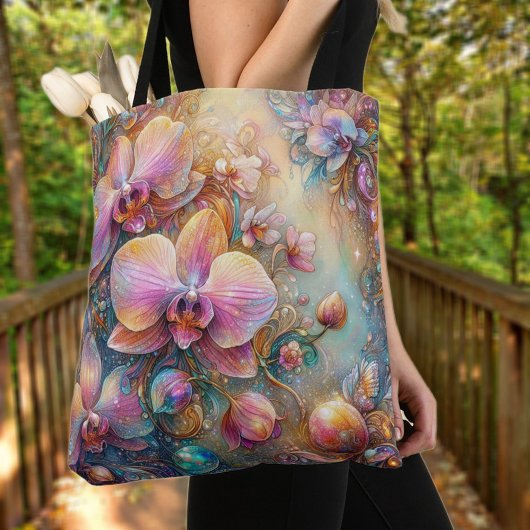 Tote Bag Beau Jardin d'Imaginaire d'orchidée rose