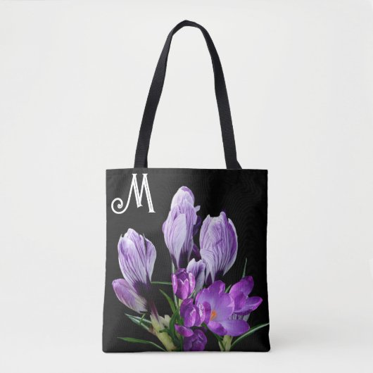 Tote Bag beau M monogramme joli fleurs de crocus pourpre (Devant)