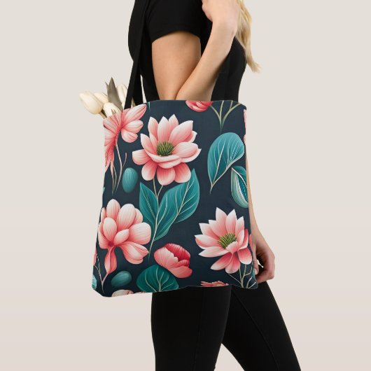 Tote Bag Beau motif floral rose (De près)