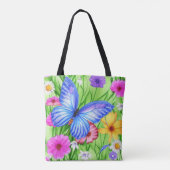 Tote Bag Beau Papillon Bleu avec fleurs Aquarelle (Dos)