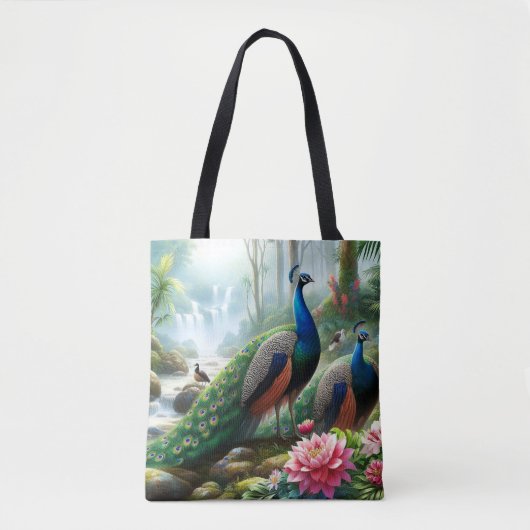 Tote Bag Beau Peacock Bleu Turquoise avec Fleurs Fourre-tou (Devant)