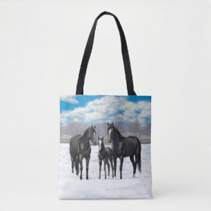 Tote Bag Beau Quartier Noir Chevaux En Neige