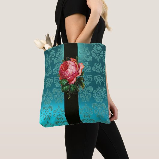 TOTE BAG BEAU ROSE ROSE ROSE TURQUOISE AQUA BLEU BLEU DAMAS (De près)