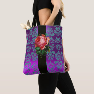 TOTE BAG BEAU ROSE ROSE TURQUOISE BLEU PURPLE BLACÉ DAMASK